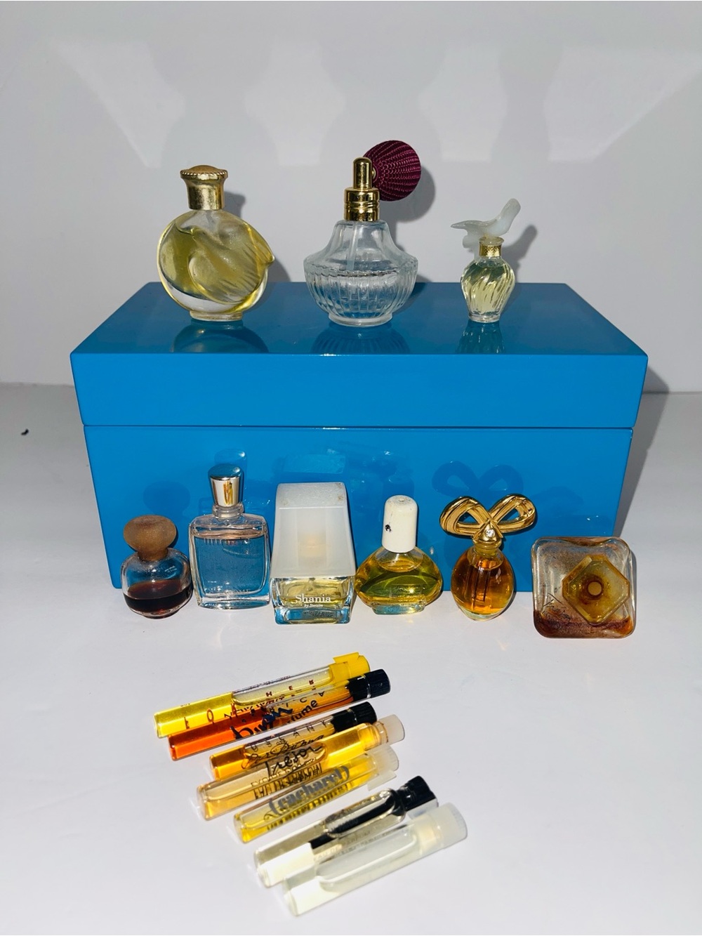 Vintage Miniature Perfume Bottle Collection with Blue Display Box & Sample Vials
